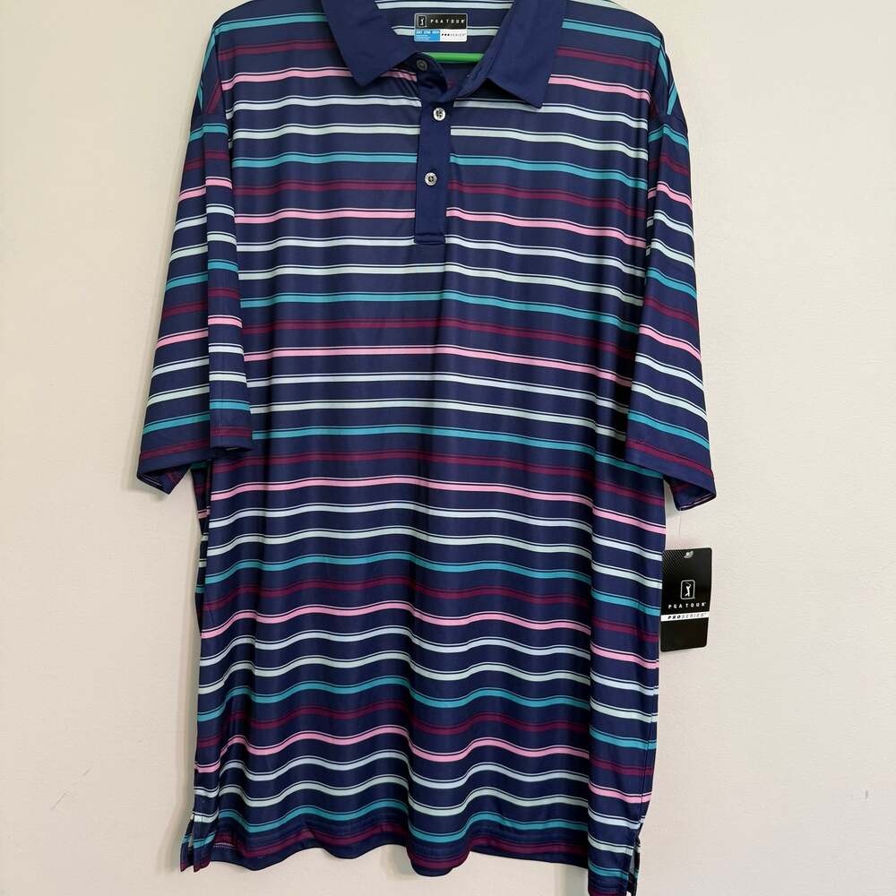 PGA Tour Mens Athletic Fit‎ Striped Golf Polo Shirt Multicolor XXL NWT